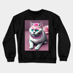 British Shorthair adorned with gems and pink roses Crewneck Sweatshirt